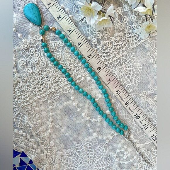 Turquoise Beaded Necklace with Silver Accents 18.5" - 21" - Picture 7 of 7